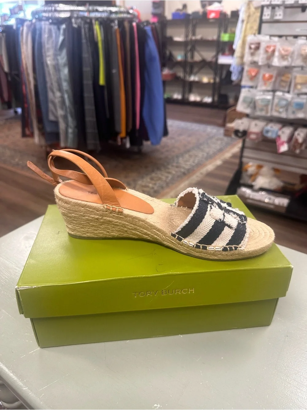 Tory Burch Ines platform wedge espadrille sandals striped navy size 10.5